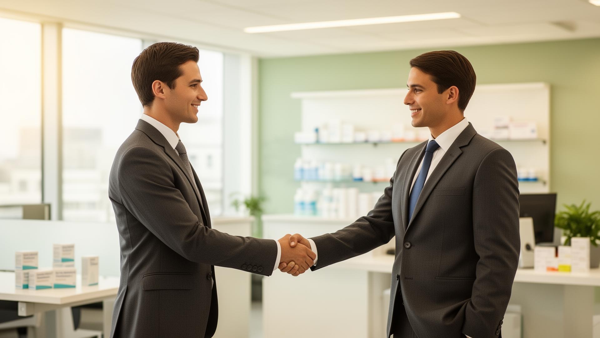 Business partners shaking hands in a pharmaceutical office